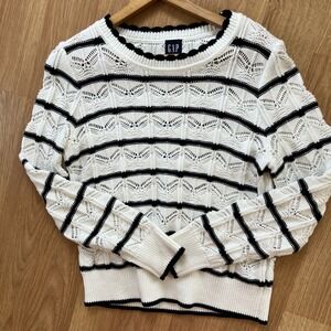 GAP Womens Sweater Size Small Sheer Knit Lace White + Navy Stripes Preppy Naval